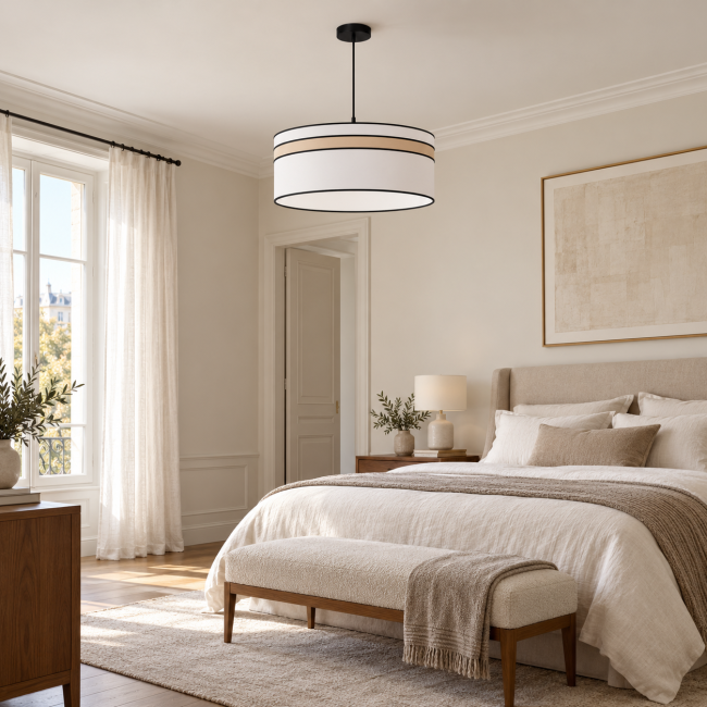 Suspension déco KELLY blanc et beige dans un intérieur contemporain