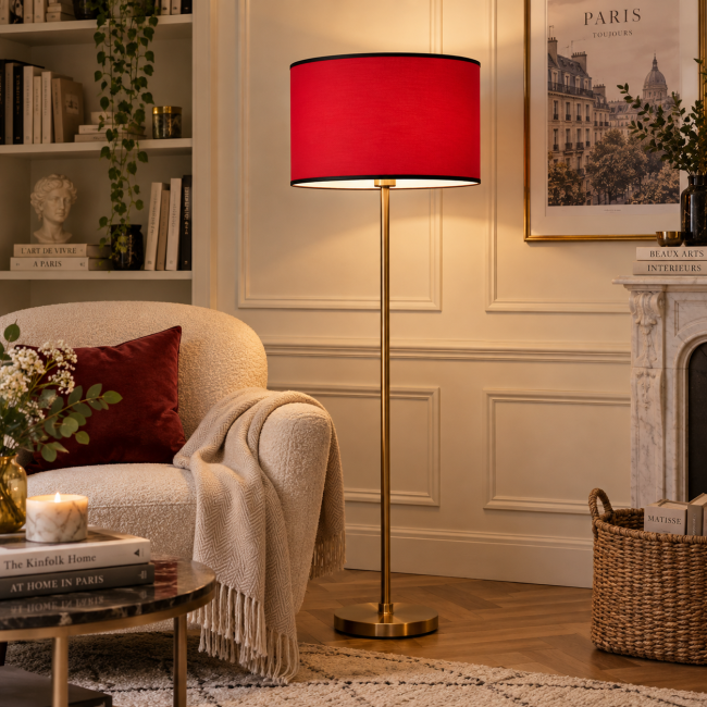 Abat-jour rouge avec bordage noir sur lampe à poser – KAUZE LUMINAIRES