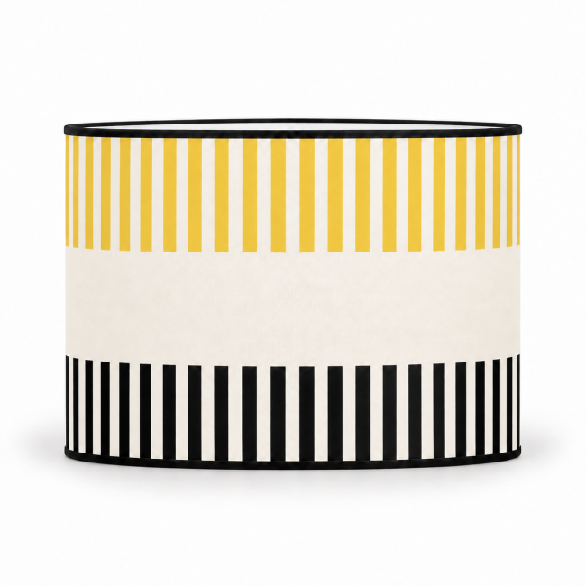 Abat-jour RIVAGE jaune safran, rayures colorées et noires, intérieur blanc, vue de face