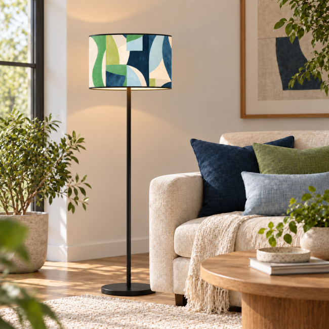 Abat-jour déco SAGONE bleu canard vert et beige en coton imprimé avec bordage noir