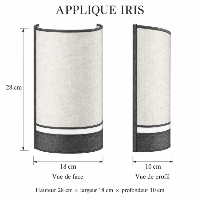 Schéma de l’applique IRIS : hauteur 28 cm, largeur 18 cm, profondeur 10 cm, vues de face et de profil