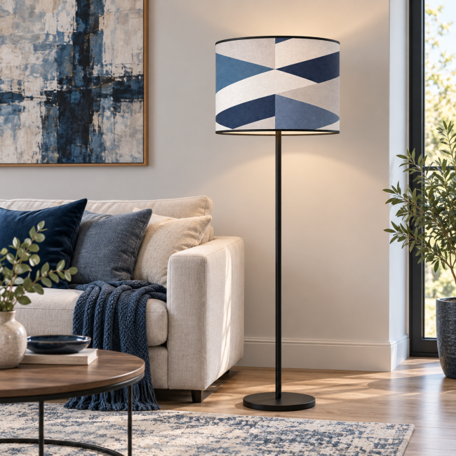 Abat-jour design ARLES motif géométrique bleu et multicolore avec liseré noir