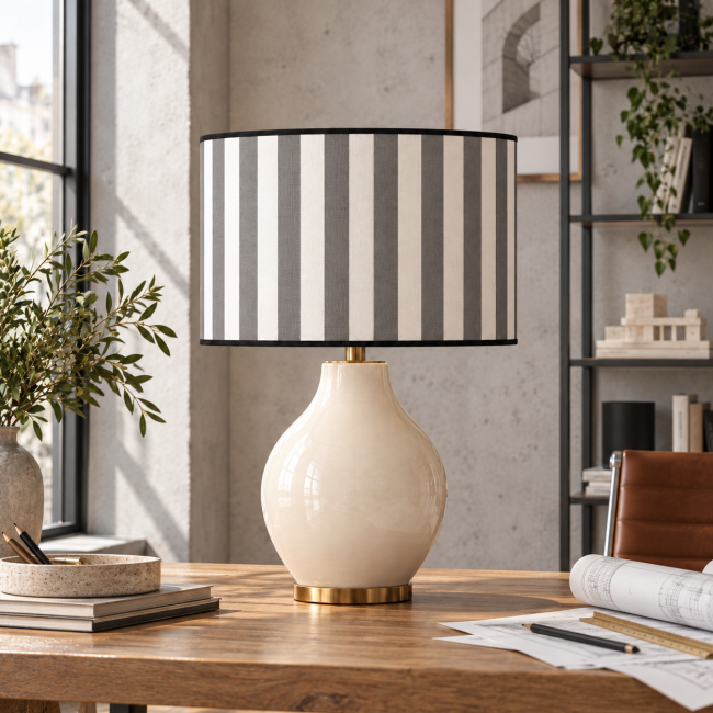 Abat-jour FAUBOURG gris à rayures, sur une lampe en céramique ivoire dans un intérieur décoré