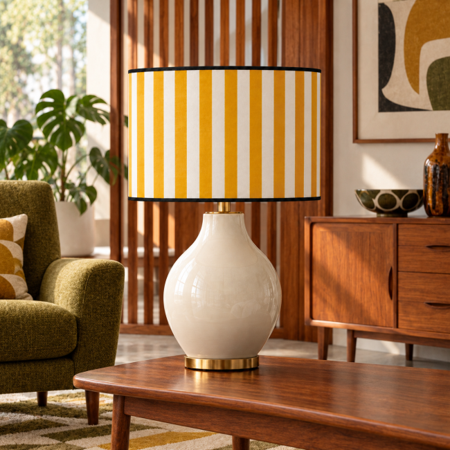 Abat-jour FAUBOURG moutarde sur lampe en céramique ivoire dans un salon rétro