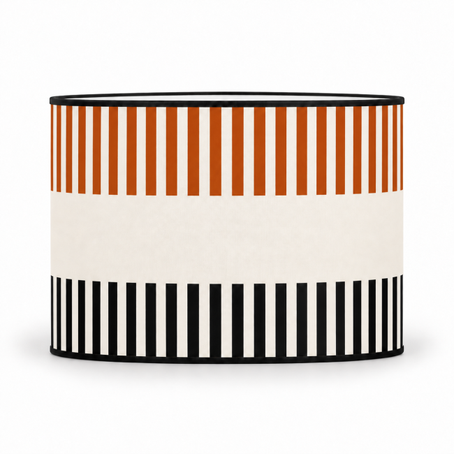 Abat-jour RIVAGE rouille, rayures colorées et noires, intérieur blanc, vue de face