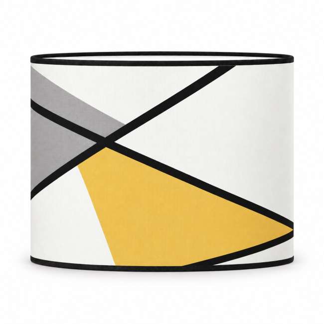 Abat-jour GINO cylindrique en coton imprimé jaune et gris avec bordage noir