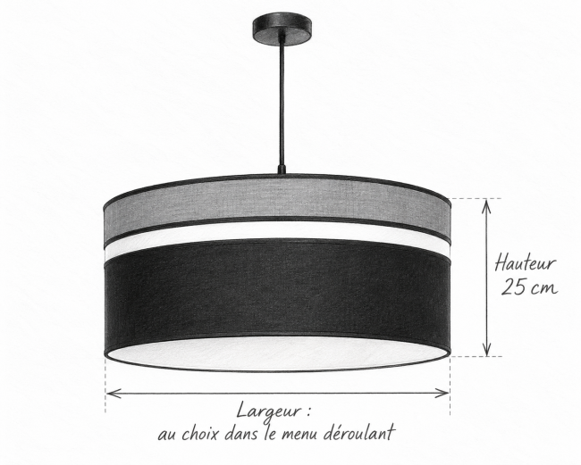 Schéma au crayon de la suspension LUMIO : hauteur 25 cm et largeur au choix dans le menu déroulant