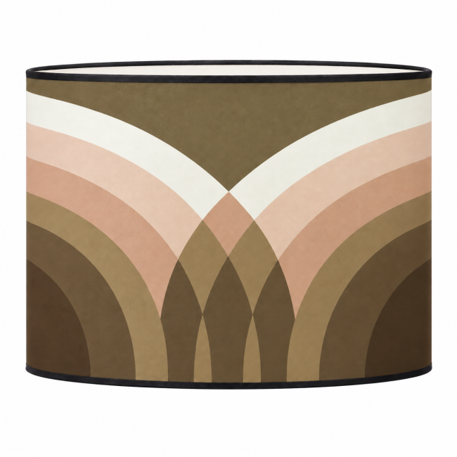 Abat-jour rond en coton taupe kaki brun olive avec motifs rétro et bordage noir – KAUZE LUMINAIRES paris 12eme