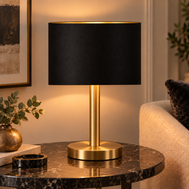 Abat-jour déco rond noir intérieur or pour lampe à poser ou lampadaire