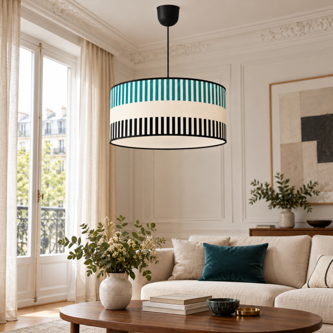 Suspension RIVAGE bleu canard en situation dans un intérieur, motifs graphiques et finitions noires