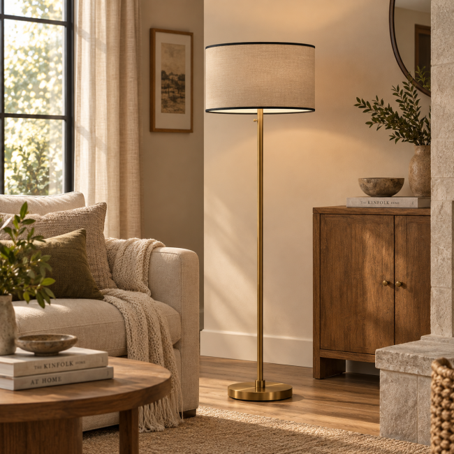 Abat-jour beige cylindrique pour lampe à poser ou lampadaire