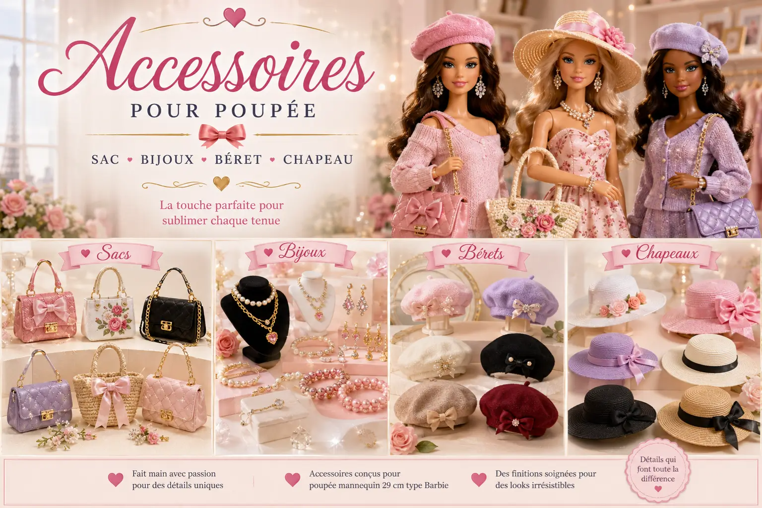 Accessoires faits main pour poupée mannequin 29 cm type Barbie : sacs, bijoux, chapeaux et petits accessoires