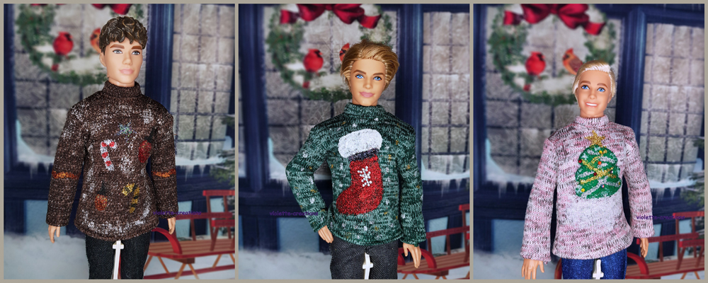 Poupée mannequin Ken portant un pull vert décoré d’un bonnet rouge et de flocons de neige scintillants.