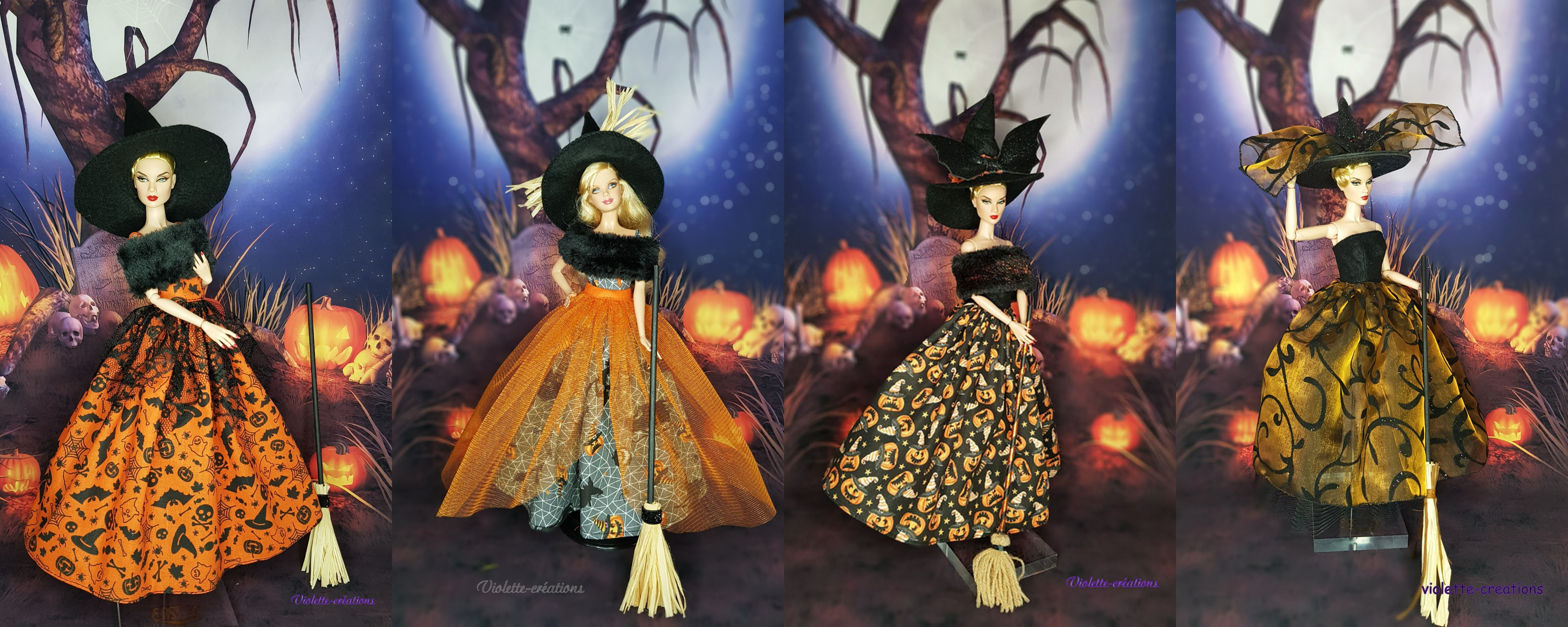 Barbie en robe de sorcière pour Halloween, avec chapeau en paillettes noires et balai.