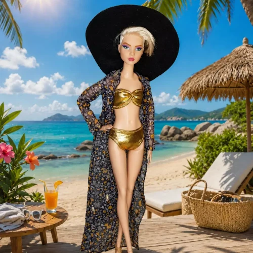 Collection de maillots de bain une-piece et deux-pieces pour poupee mannequin 30 cm avec paréos, longs kimonos fluides et grands chapeaux de plage de style haute couture.