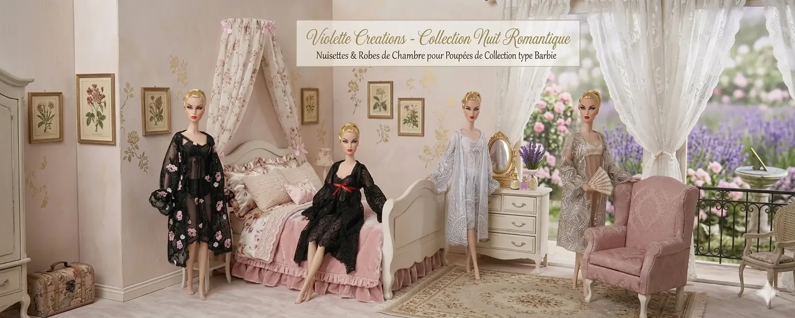 Collection Nuit Romantique par Violette Créations : quatre poupées type Barbie en nuisettes et robes de chambre de luxe dans une chambre romantiqu