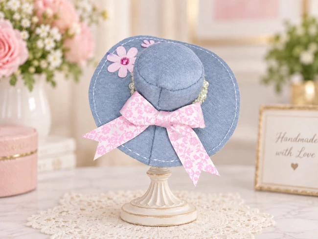 chapeau feutrine gris fleurs roses pour poupée Barbie