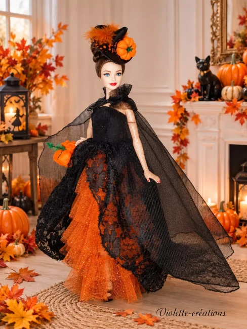 tenue de sorcière halloween pour poupée barbie (2) Poupée mannequin 29 cm en robe de sorcière Halloween orange pailletée et dentelle noire avec cape, chapeau et sac citrouille.