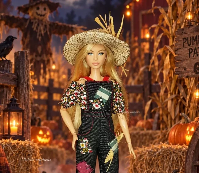 poupee_Barbie-epouvantail_halloween3 Tenue épouvantail Halloween pour poupée mannequin 29 cm type Barbie avec salopette noire patchwork, blouse fleurie et chapeau effet paille