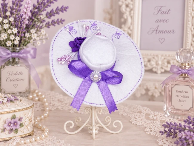 Chapeau blanc brodé violet pour poupée type Barbie – accessoire élégant Chapeau blanc en feutrine brodé violet pour poupée type Barbie