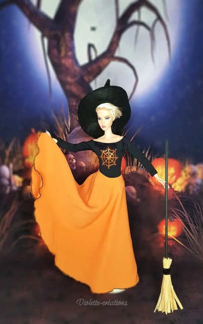 Robe de sorcière jupe évasée ornage ,justaucorps noir, balaie chapeau pour poupée barbie