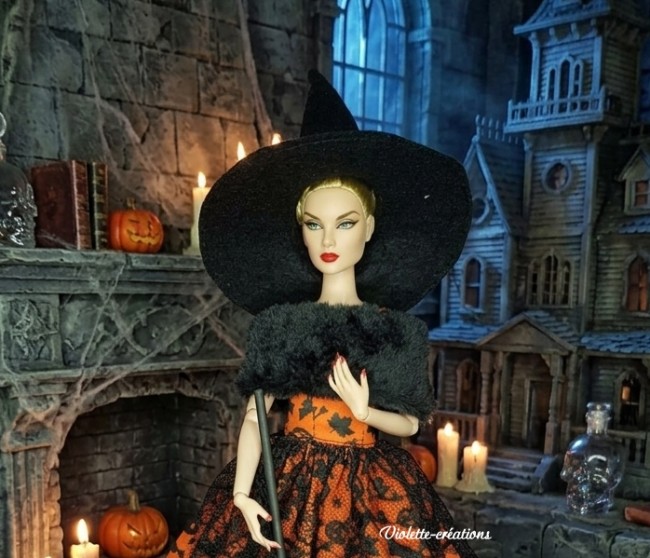 robe halloween déguisement sorcière pour poupée mannequin type barbie robe sorcière barbie ,étole noir fausse fourrure, chapeau de sorcière en feutrine noir