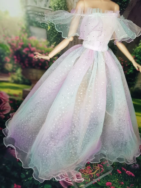 Robe féerique en tulle arc-en-ciel avec jupon pailleté et serre-tête roses violettes pour poupée barbie