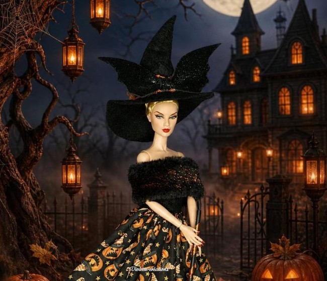 Robe de sorcière Cornélia pour poupée barbie , déguisement halloween Déguisement Halloween avec robe en coton, motifs de citrouilles, chapeau en feutrine noir avec chauve-souris pailletée, étole en fausse fourrure noir et balai de sorcière miniature.