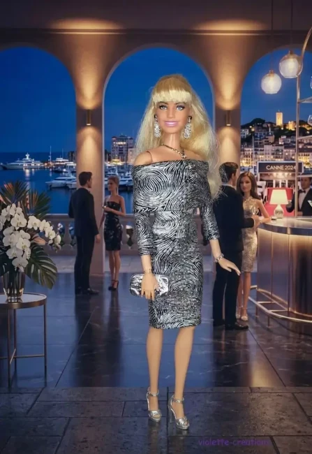 Robe de cocktail argentée pour poupée mannequin, style fourreau à motifs tourbillonnants, création Violette-Creations sur fond de soirée de gala à Cannes