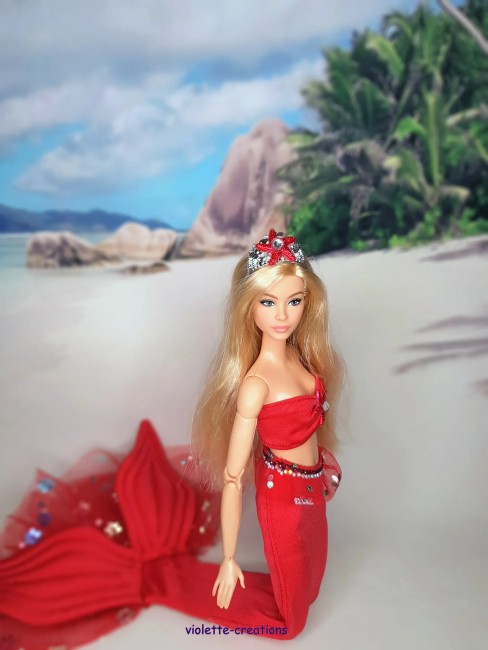 Tenue sirène rouge scintillante pour poupée Barbie avec queue en tulle pailleté