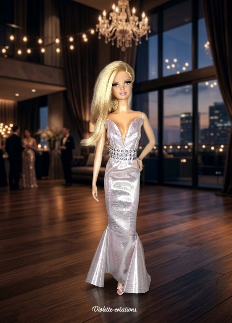 Robe de soirée brillante pour poupée Barbie - coupe sirène et détails en strass Robe de soirée brillante pour poupée Barbie avec coupe sirène et détails en strass argentés.