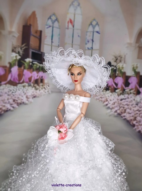 Robe de mariée princesse en dentelle pour poupée Barbie avec chapeau et bouquet