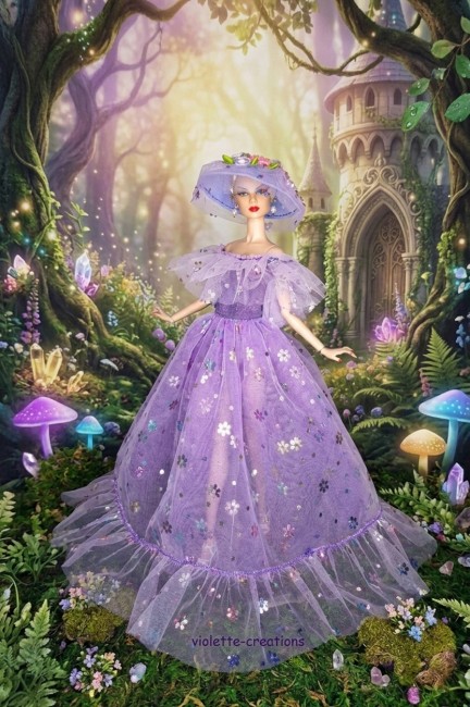 Robe princesse lilas en tulle avec fleurs scintillantes pour poupée Barbie