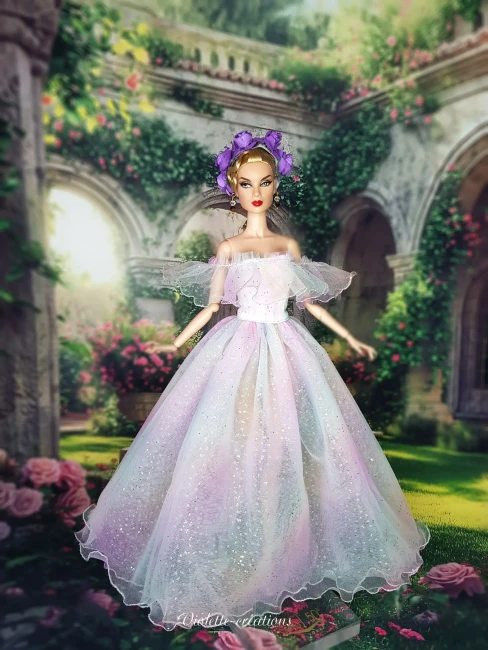 Robe féerique en tulle arc-en-ciel avec jupon pailleté et serre-tête roses violettes pour poupée barbie