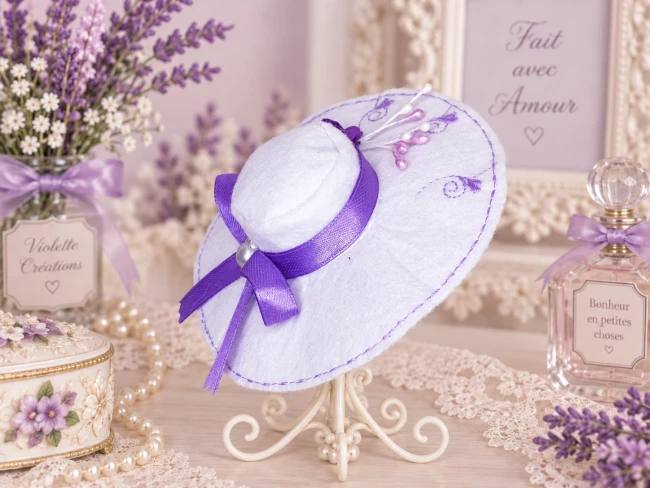 Chapeau blanc brodé violet pour poupée type Barbie – accessoire élégant Chapeau blanc en feutrine brodé violet pour poupée type Barbie