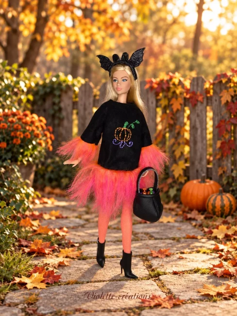 tenue-halloween-poupee-barbie (2) Poupée mannequin type Barbie habillée pour Halloween, avec tenue en suédine noire brodée, collants orange pailleté et chaudron en similicuir.