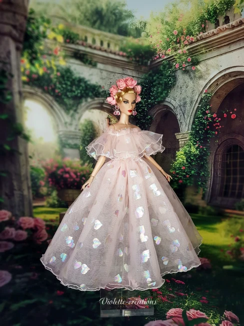 Robe-de-Princesse-Rose-Saumon-en-Tulle Robe de princesse rose saumon en tulle Ă cĆurs et serre-tĂȘte fleuri sur poupĂ©e type Barbie