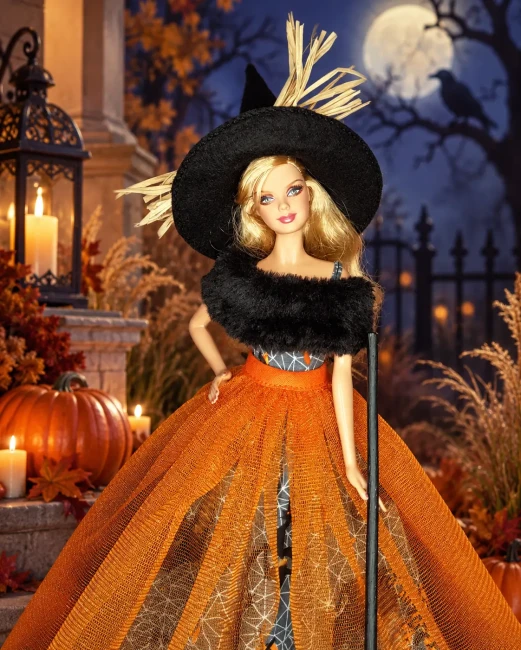 Robe de sorcière pour poupée Barbie , déguisement halloween 2 robe sorcière, chapeau feutrine noir,balai sorcière,étole fausse fourrure noir