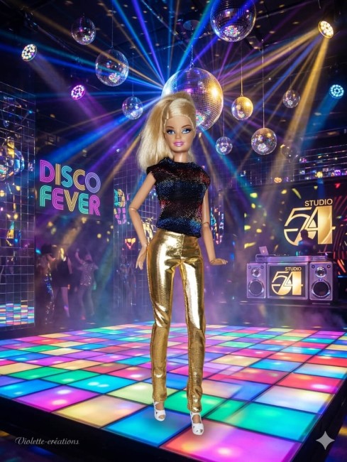 Ensemble disco pour poupée Barbie : pantalon argenté stretch et haut multicolore pailleté