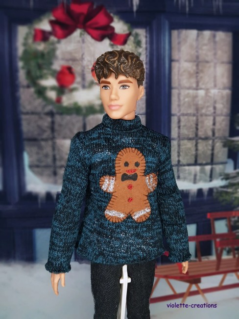 Pull de NoĂ«l bleu pour poupĂ©e Ken â Coton doux & fait main Pull de NoĂ«l bleu en coton pour poupĂ©e Ken, petit biscuit, crĂ©ation artisanale Violette-Creations
