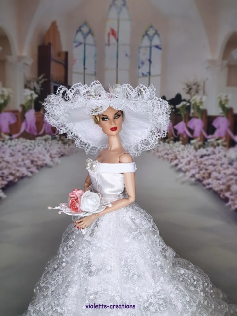 Robe de mariée princesse en dentelle pour poupée Barbie avec chapeau et bouquet