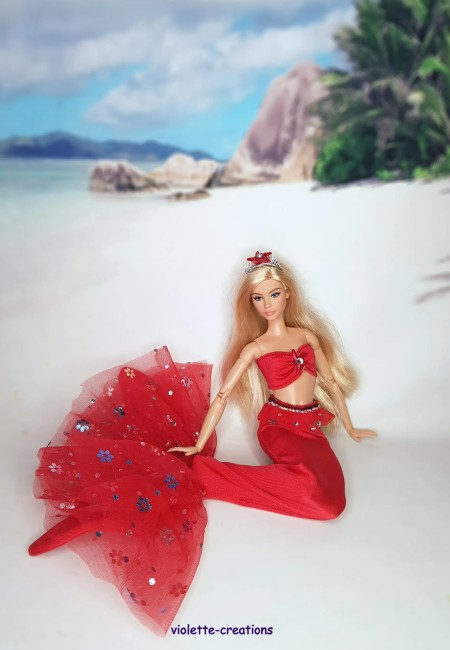 Tenue sirène rouge scintillante pour poupée Barbie avec queue en tulle pailleté