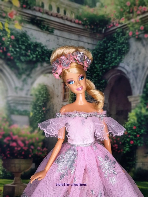 Robe de princesse rose scintillante avec serre-tête fleurs rose argenté pour poupée type Barbie