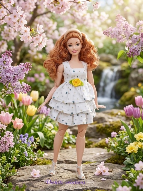 Robe poupĂ©e mannequin type Barbie Curvy Ă volants blanche et dorĂ©e â Violette-CrĂ©ations Robe en coton blanc Ă volants avec motifs Ă©toiles pour poupĂ©e Barbie Curvy, crĂ©ation artisanale Violette-CrĂ©ations.