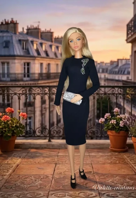 Robe de soirée noire pour poupée Barbie avec strass scintillants et pochette argentée – Tenue élégante et chic, création artisanale Violette-Créations