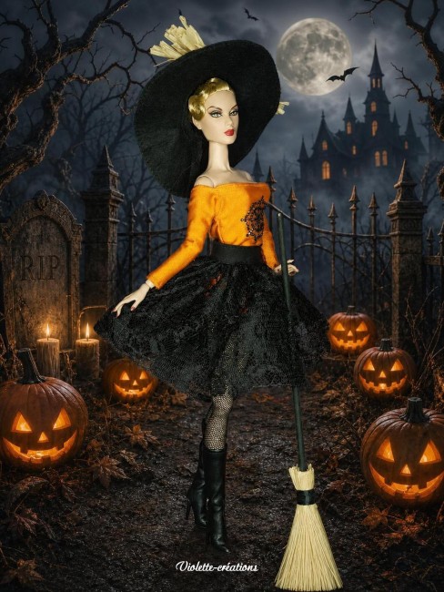 Robe de sorcière pour poupée type Barbie ou fashion royalty Robe de sorcière Jupe noire en dentelle Justaucorps orange avec strass Bottes en simili cuir Chapeau de sorcière noir en feutrine Balai de sorcière en paille