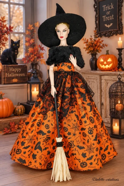 robe halloween déguisement sorcière pour poupée mannequin type barbie robe sorcière barbie ,étole noir fausse fourrure, chapeau de sorcière en feutrine noir
