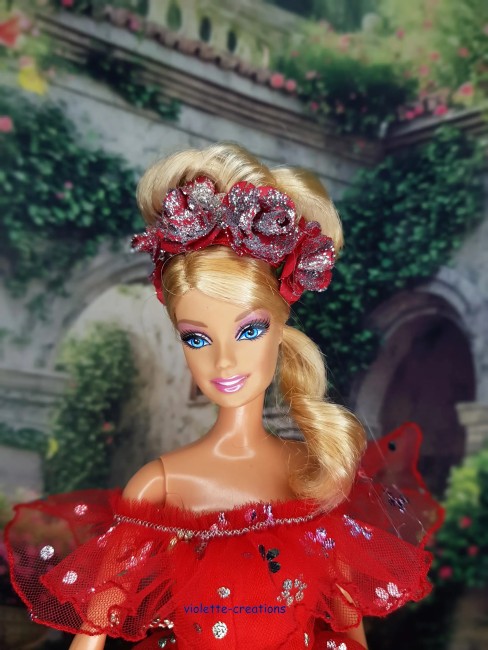 Robe de princesse rouge scintillante avec serre-tête roses rouge argenté pour poupée type Barbie