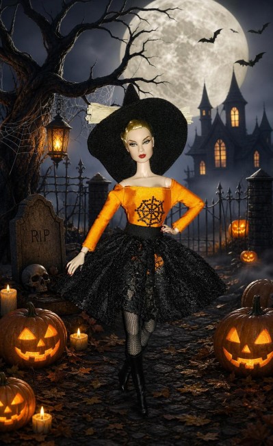 Robe de sorcière pour poupée type Barbie ou fashion royalty Robe de sorcière Jupe noire en dentelle Justaucorps orange avec strass Bottes en simili cuir Chapeau de sorcière noir en feutrine Balai de sorcière en paille