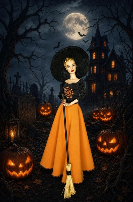 Robe de sorcière Harmonie pour poupée mannequin , déguisement halloween Robe de sorcière jupe évasée ornage ,justaucorps noir, balaie chapeau pour poupée barbie